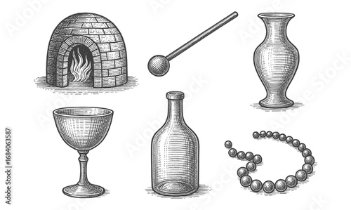 Vintage engraving of traditional craft objects with intricate detailing