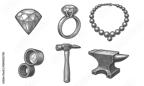 Hand-drawn jewelry and tools collection featuring rings, diamonds, and anvil