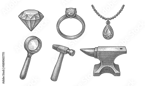 Vintage jewelry craft tools and designs with ring and diamond elements