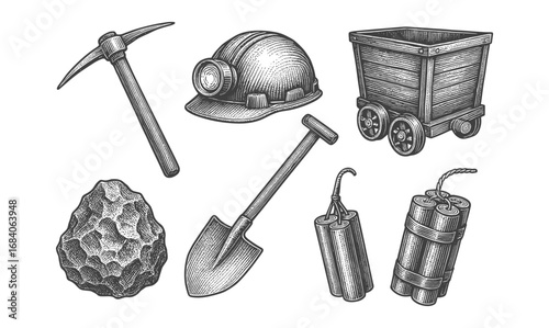 Vintage mining tools and equipment engraving: helmet, pickaxe, cart, and more