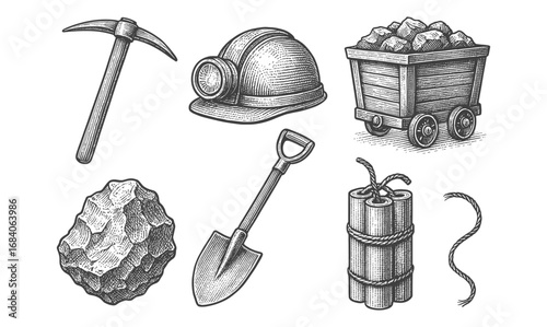 Retro mining tools and equipment set in detailed hand-drawn style