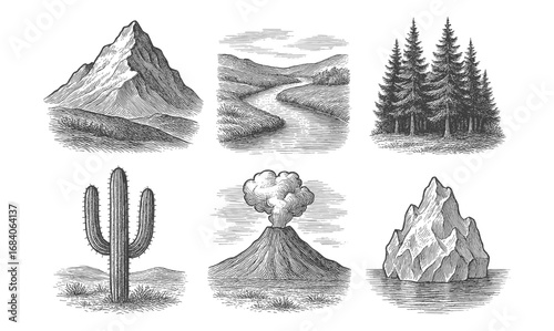 Intricate engraved landscapes featuring mountains, cactus, and volcano in classic black and white