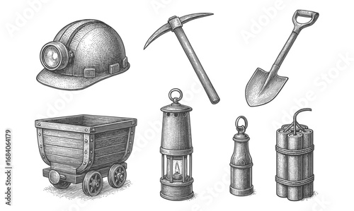 Vintage mining tools set with helmet, pickaxe, shovel, lantern, cart, and dynamite