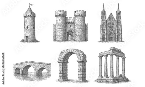 Intricate architectural landmarks collection in detailed engraving style