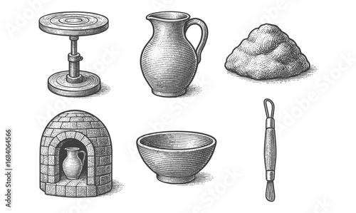 Handcrafted pottery tools and materials in vintage style art drawing