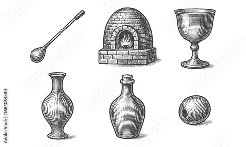 Vintage glassblowing tools and objects set in etching style