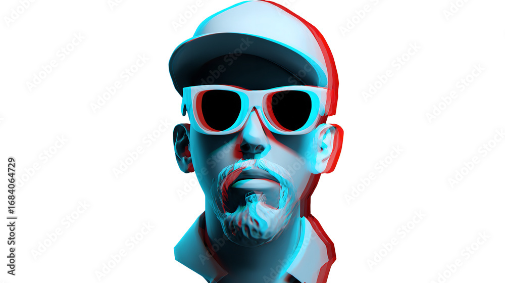 Fototapeta premium Abstract man portrait with cap and sunglasses, glitch effect on transparent background