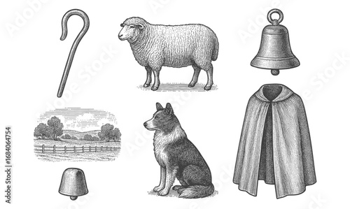 Vintage pastoral elements: sheep, dog, and farming tools in etching style