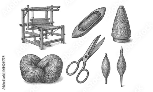 Vintage handcrafted weaving tools and materials in detailed etching style