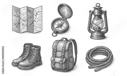Vintage adventure gear set: map, compass, lantern, boots, backpack, rope in hand drawn style