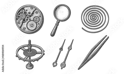 Detailed engraving style antique clock parts and tools collection
