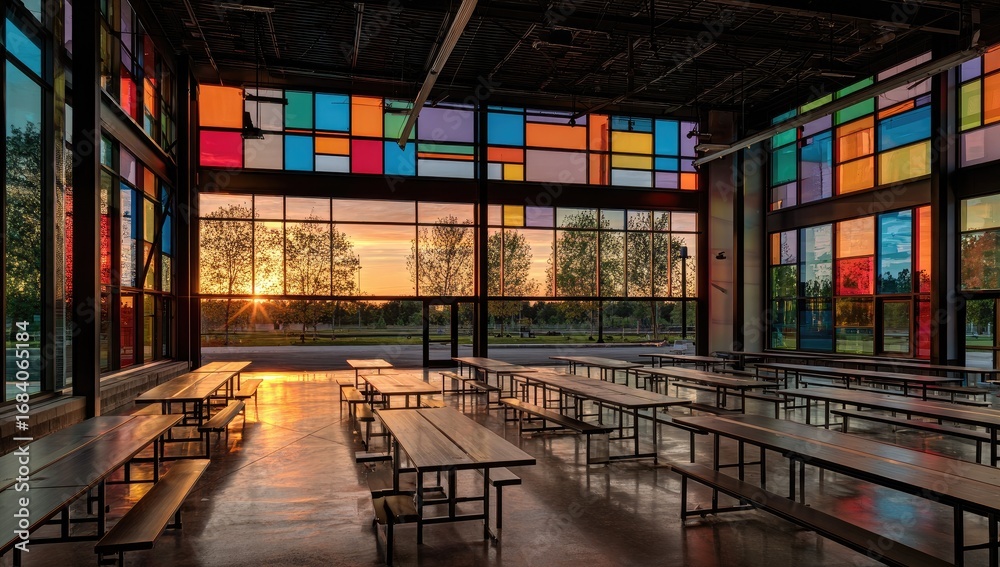 Fototapeta premium Colorful, modern cafeteria with sunset view