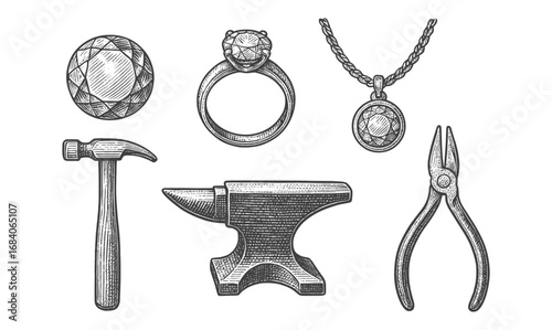 Vintage jewelry making tools with gemstone designs in engraving style