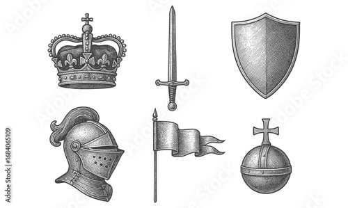 Vintage medieval engravings: crown, sword, shield, helmet, flag, and mace design