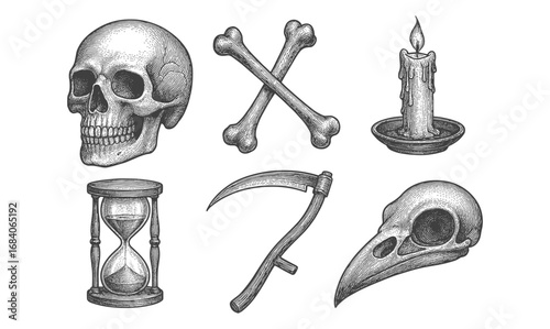 Vintage halloween symbols: skull, bones, and spooky candle in engraved style
