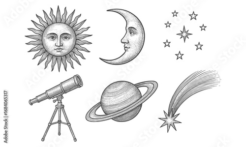 Celestial objects in vintage etching style featuring sun, moon, stars, telescope, planet, and comet
