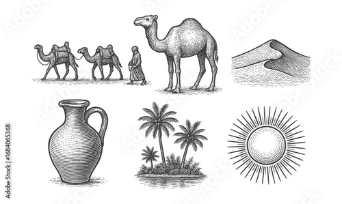 Desert adventure elements in vintage engraving style: camels, dunes, oasis, and pottery