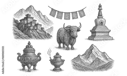 Intricate himalayan cultural elements with yak, monastery, and mountains in vintage style