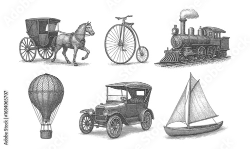 Vintage transportation collection: horse carriage, penny farthing, steam train, hot air balloon, antique car, sailboat