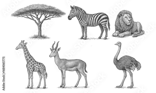 Detailed safari animals and acacia tree in monochrome art style