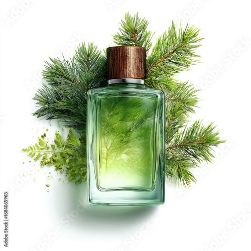 Green perfume bottle surrounded by pine and fern foliage