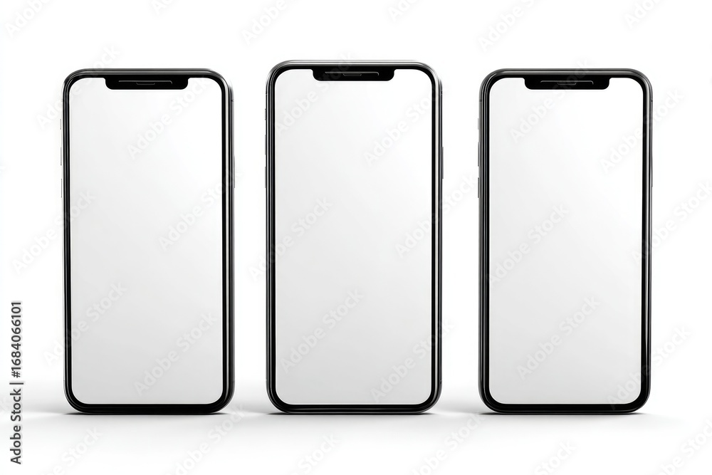 Three black smartphones with blank screens, displayed vertically on a white background Three black smartphones with blank screens, displayed vertically on a white background
