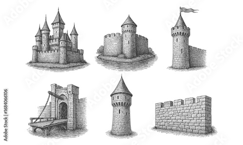 Hand drawn medieval castles and towers set with stone walls and flags