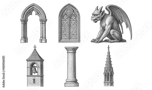 Gothic architecture and gargoyle elements in detailed engraving style