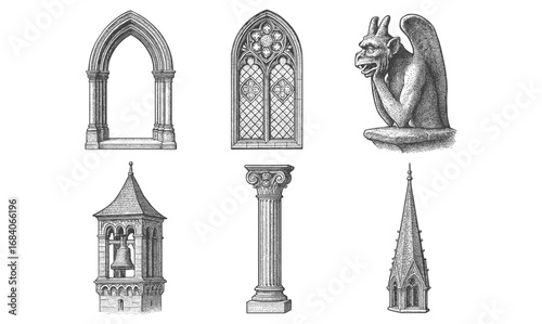 Gothic architecture elements: gargoyle, arches, stained glass, bell tower, and column