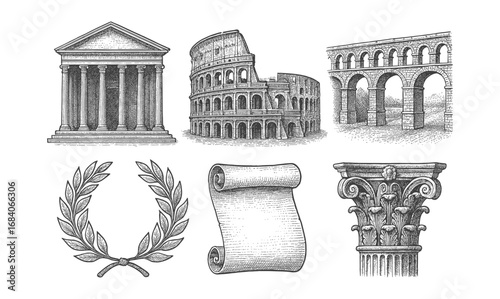 Ancient roman architecture elements with detailed engravings of classical structures and symbols