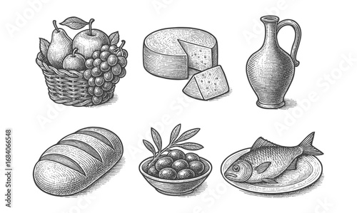 Vintage food engravings: fruit basket, cheese, wine jug, bread, olives, fish