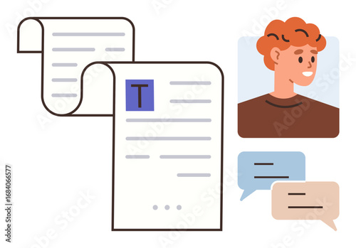 Documents, text, smiling person, and speech bubbles represent online communication, collaboration, and learning platforms. Ideal for teamwork, remote work, education messaging apps digital tools