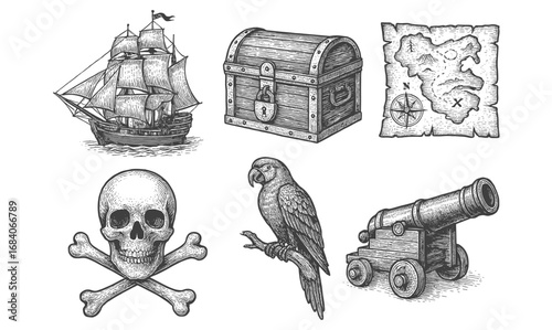 Vintage pirate icons with ship, chest, map, skull, parrot, and cannon