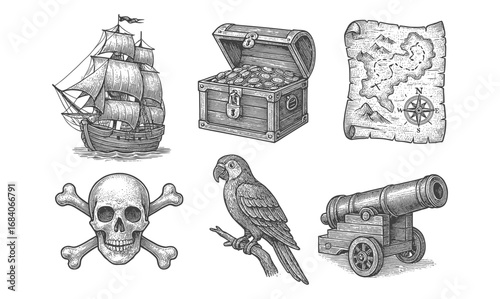 Vintage pirate adventure set with ship, treasure, map, skull, parrot, and cannon