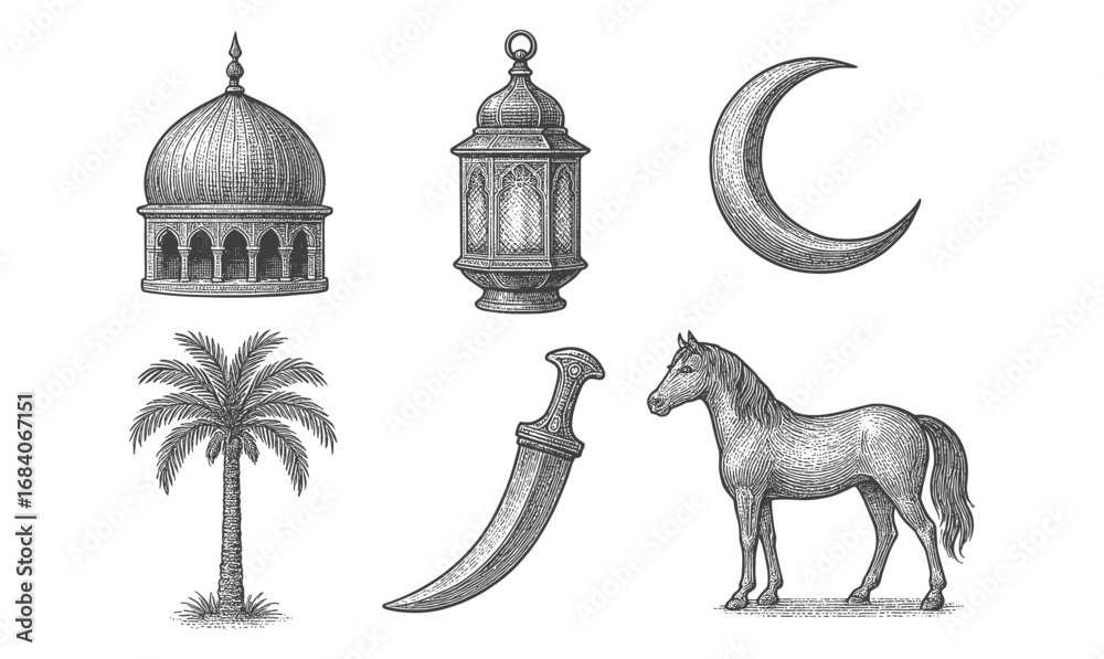 Obraz premium Hand drawn middle eastern elements with lantern, dome, and dagger