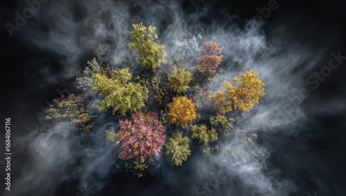 Autumn forest canopy, shrouded in smoke