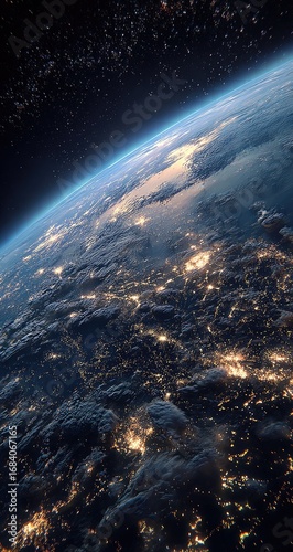 Earth from space, night view.  City lights dotted across cloudy regions