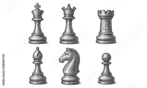 Classic chess pieces in detailed engraving style for elegant board game design