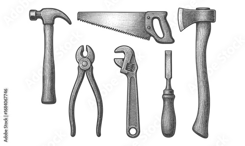 Vintage hand tools collection with detailed craftsmanship and retro design elements