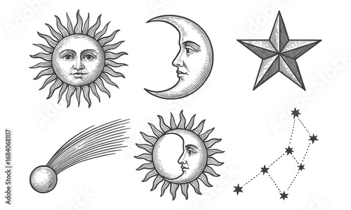 Vintage celestial elements with sun, moon, stars, and constellation