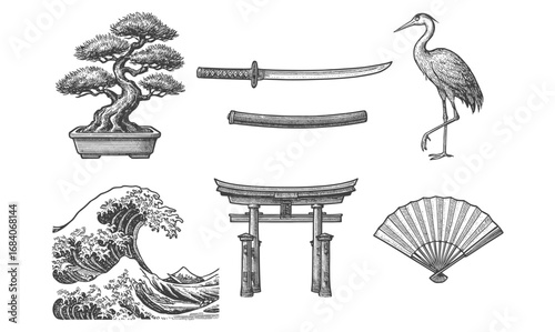 Japanese culture elements: bonsai, katana, crane, torii, wave, fan in vintage engraving style