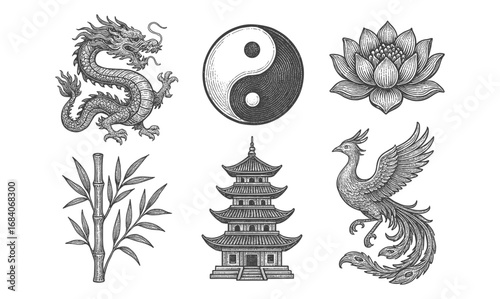 Traditional asian symbols: dragon, yin yang, lotus, bamboo, pagoda, phoenix in engraving style