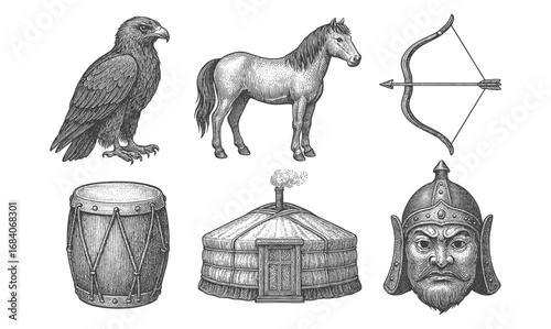 Hand-drawn vintage mongolian icons featuring eagle, horse, and traditional symbols