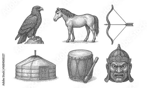 Hand drawn ethnic symbols: eagle, horse, bow and arrow, yurt, drum, warrior helmet