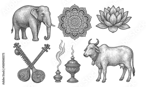 Intricate hand drawn indian cultural symbols featuring elephant and mandala