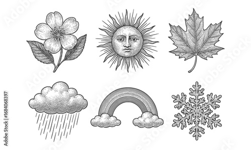 Vintage nature elements with sun, flower, leaf, cloud, rainbow, and snowflake
