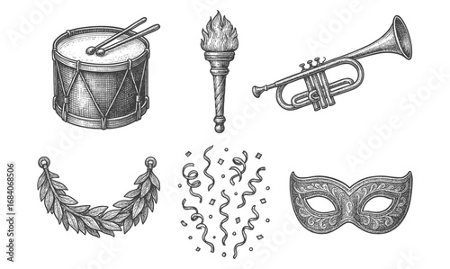 Festive carnival elements: drum, trumpet, torch, mask, garland, confetti
