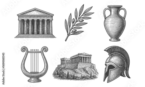Vintage engravings of ancient greek symbols and artifacts
