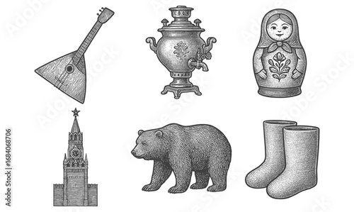 Traditional russian icons: balalaika, samovar, matryoshka, kremlin, bear, valenki in vintage style