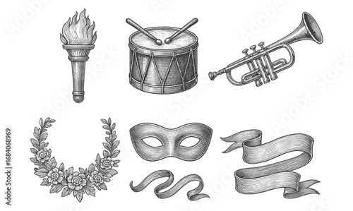Vintage musical and festive elements set in detailed engraving style